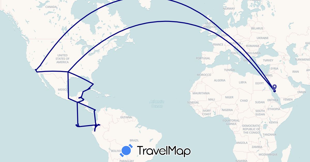 TravelMap itinerary: driving, boat in Belize, Cuba, Ecuador, Egypt, United Kingdom, Guatemala, Honduras, Mexico, Netherlands, Panama, Saudi Arabia, United States (Africa, Asia, Europe, North America, South America)